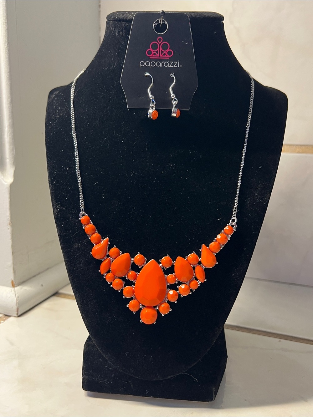 Paparazzi Bright Orange Teardrop Statement Necklace and Earrings